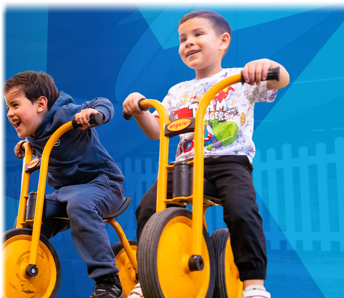 Two young children riding tricycles